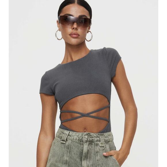 NWT PRINCESS POLLY Nicola Bodysuit Slate Gray Ribbed Criss Cross Thong Stretch 8 - Picture 1 of 16